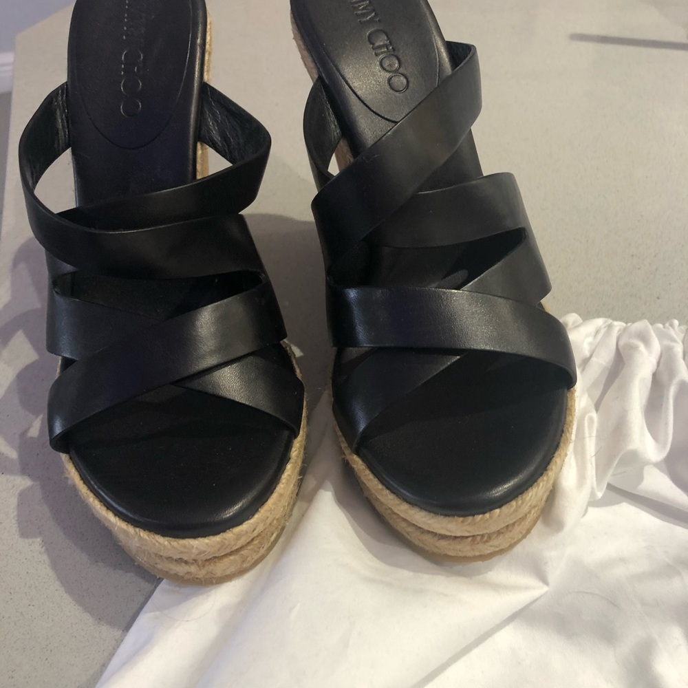 Jimmy Choo Black Espadrille Cork Wedge Slides EU 38 NWT Box Dustbags
